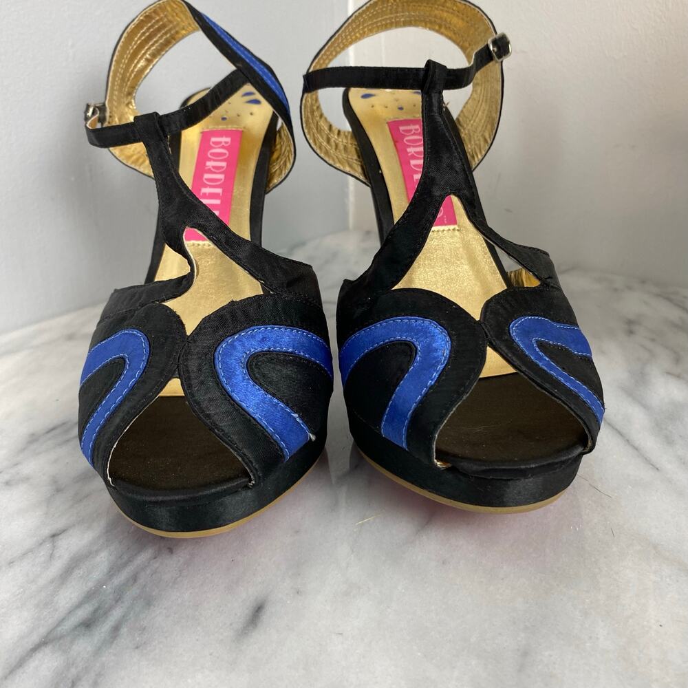 Bordello Giggle 02 Black Blue Satin T Strap Peep Toe Heel Pump Pinup Size 10 New - Picture 4 of 9